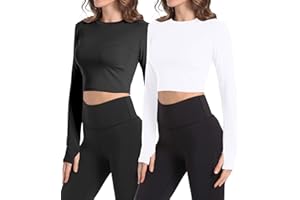 HIBETY 2 Pack Women's Crop Top Long Sleeve Athletic Workout Shirts Cropped Sweatshirts Gym Yoga Top Seamless with Thumb Hole