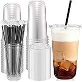Foxtell 100 Pcs 20 Oz Clear Plastic Cups with Lids and Straws, Disposable Round Bottom Togo Cups for Iced Coffee Smoothie Beverage Cold Drinks Disposable Iced Coffee Cup for Party Catering BBQ