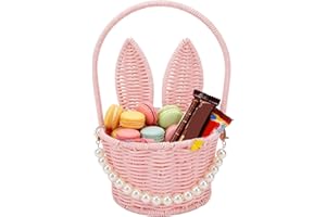 BAFOVY Easter Bunny Basket, PP Rattan Woven Rabbit Ear Basket with Handle, Pink Easter Egg for Candy Picnic Wedding