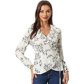 Allegra K Women's Floral V Neck Wrap Top Long Sleeve Tie Waist Ruffle Peplum Blouse