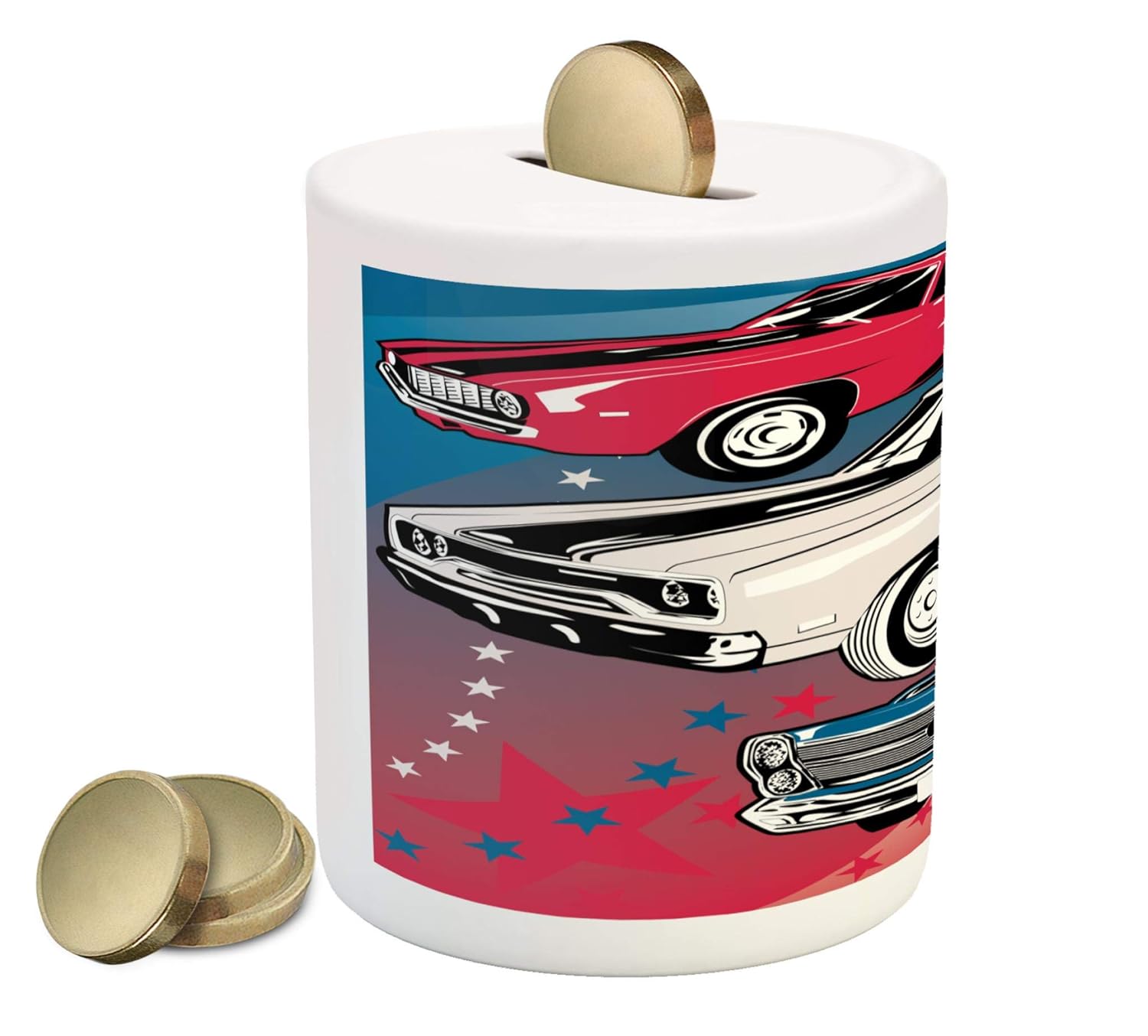 CarsコインボックスBank by lunarable、PopアートStylizedのグループNostalgic American Muscle Cars With Starsアンティーク印刷、印刷セラミックコイン銀行お金ボックスの保存の現金、レッドベージュブルー B078BQB7FN  