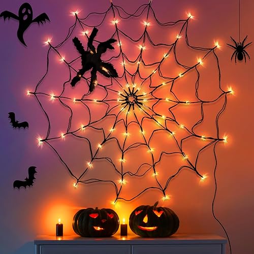 Halloween Decorations CNMTCCO Halloween Spider Web Lights With Plush Spider - Spooky Indoor Light-Up Decorations For Kids Party Haunted House Window Decor (3FT/100CM)