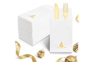 Joyido 100PCS Christmas Napkins Disposable - Gold Paper Napkins with Built-in Flatware Pocket Prefolded Cloth Like - Heavy-duty Linen-Feel Dinner Napkins for Christmas & Party