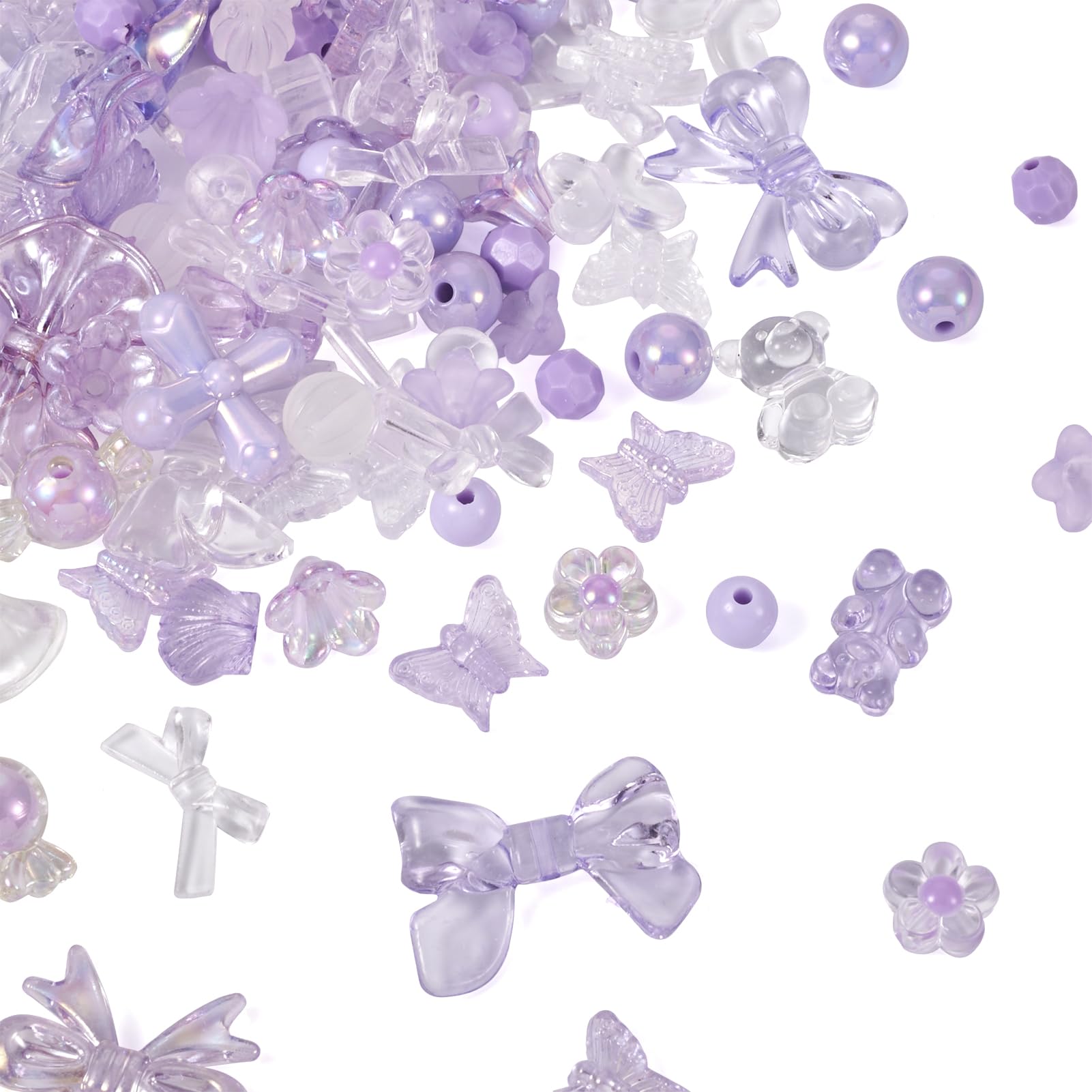 PandaHall 100g Assorted Acrylic Beads Purple Heart Bow Bear Candy Loose Beads Cute Round Craft Beads Bulk for Bracelet Necklace Jewelry Making