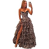 Mollyevers Corset Floral Tiered Prom Dresses for Women Strapless Long Ruffle Formal Evening Gowns with Slit