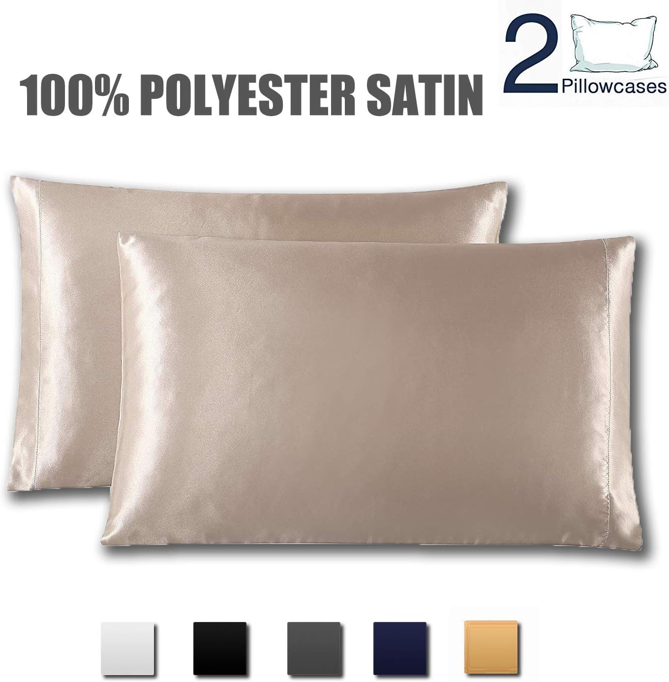 Rhyl Pillow Cover Super Soft and Luxury Pillow Cases Covers with Envelope Closure, Satin Pillowcases for Hair and Skin, Hypoallergenic Anti-Wrinkle 2PCS (Khaki, King)