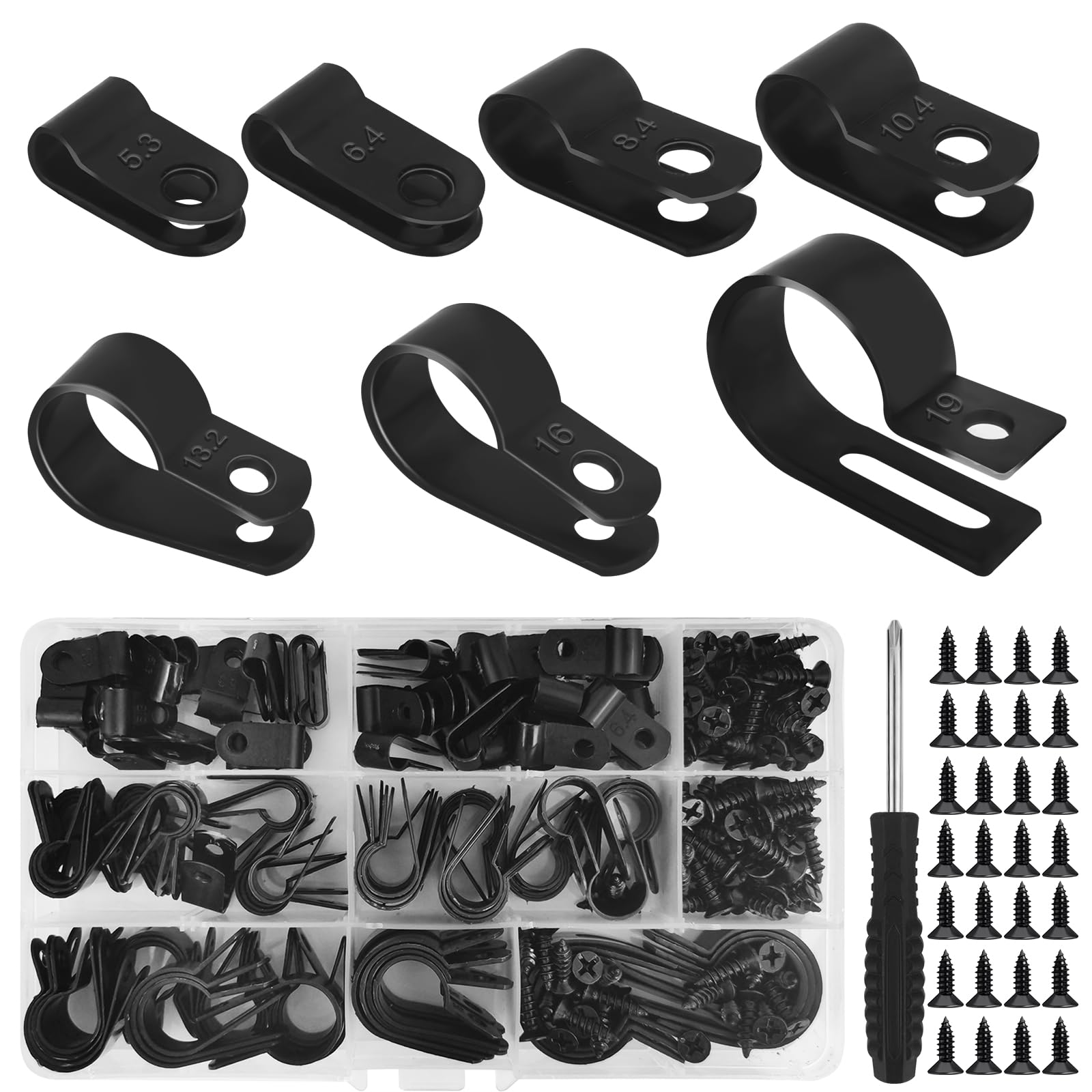 Omsscun 215 PCS R Type Cable Clips, Black P Clips with Screws and Screwdriver, Cable Clips Outdoor for Electrical Cable, Conduit (5.5mm, 6.35mm, 8.35mm, 10.35mm, 12.7mm, 15.8mm, 19mm)