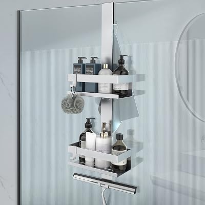 UUlioyer Hanging Shower Caddy SUS304 Stainless Steel Over Door Shelf Silver