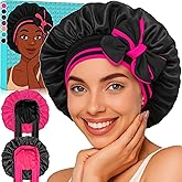 Atgdluk® Reversible Silk Bonnet for Sleeping Women - Double Layer & Color Satin Bonnet, Adjustable Hair Cap for Curly & Textured Hair (Rose Red & Black)
