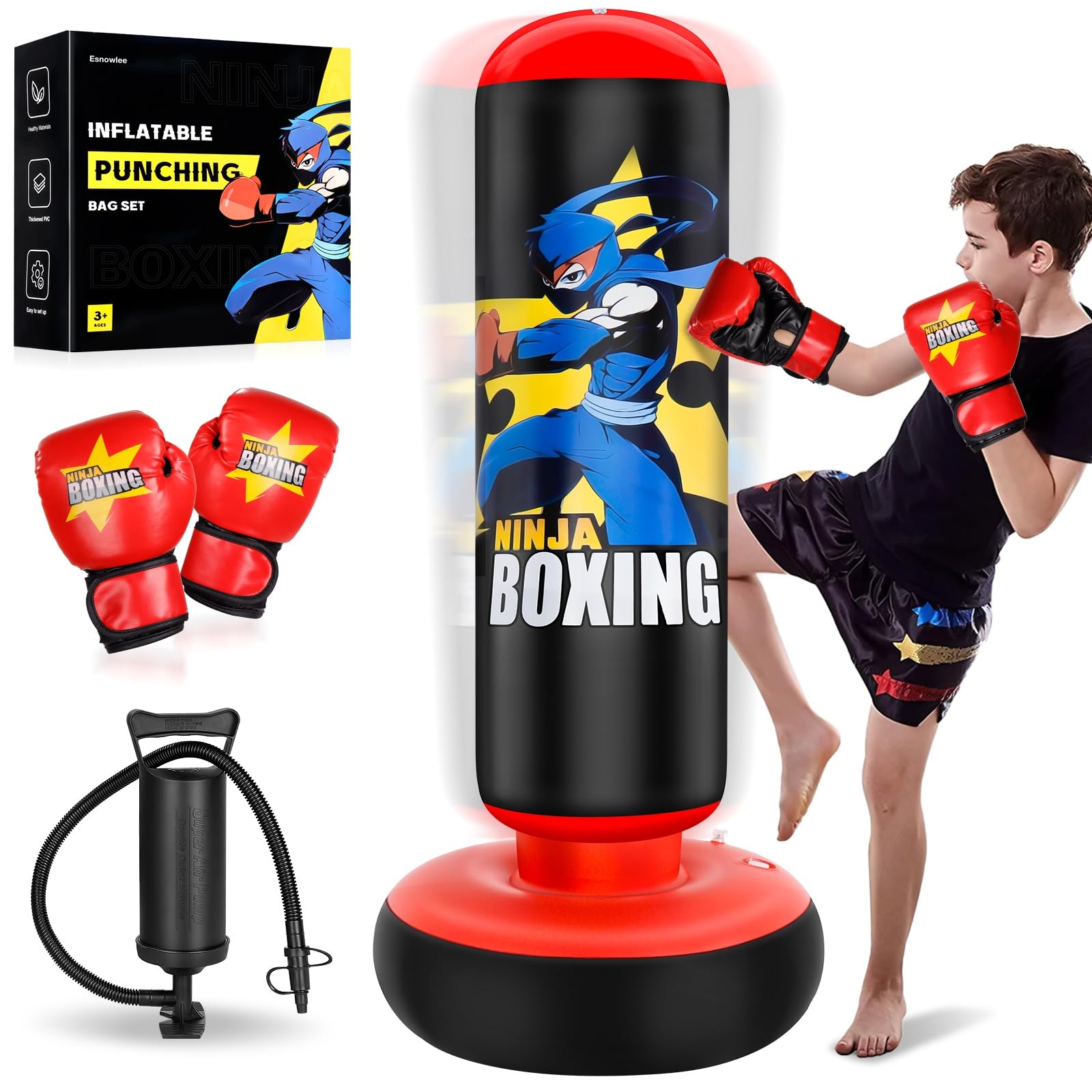 Punching Bag for Kids, Kids Boxing Set with Boxing Gloves 66" Large Inflatable Punching Bag,Gifts for Boys & Girls Age 5-12 for Practicing Karate, Taekwondo (Red)
