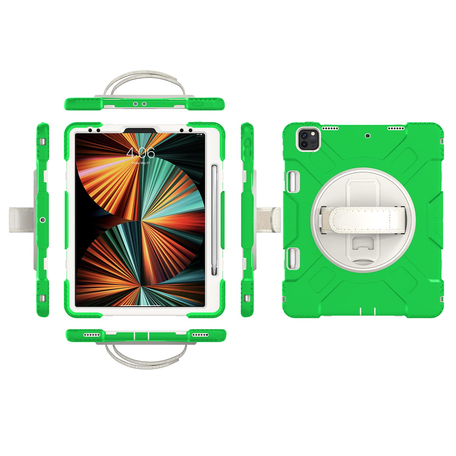 iPad Pro11 2018/2020/2021 Generation Case with Screen Protector Pencil Holder Kickstand Hand Strap 360 Rotating Hand Strap Stand Durable Protective Case (Green)