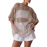 TUWIXIUW Women Sequin Sheer Short Sleeve Glitter T Shirt Oversized Sparkly Hollow Out Knit Cover Up Beach Y2K Mesh Tee Blouse