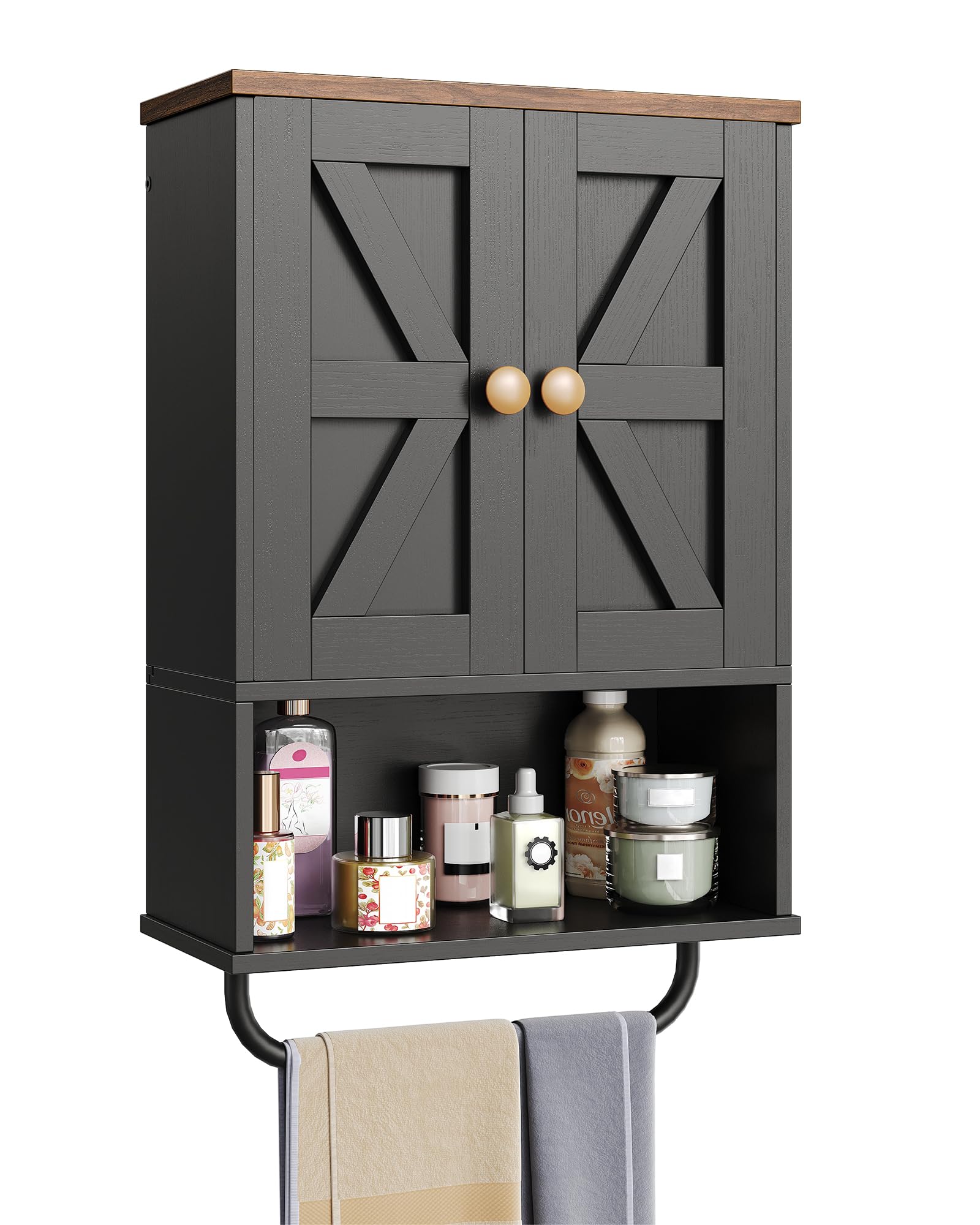 CHOEZON Bathroom Wall Cabinet, Medicine Cabinet with Open Partition and Towel Bar, Rustic Storage Cabinet with Open and Hidden Storage Space, for Bathroom, Living Room, Kitchen, Black and Walnut