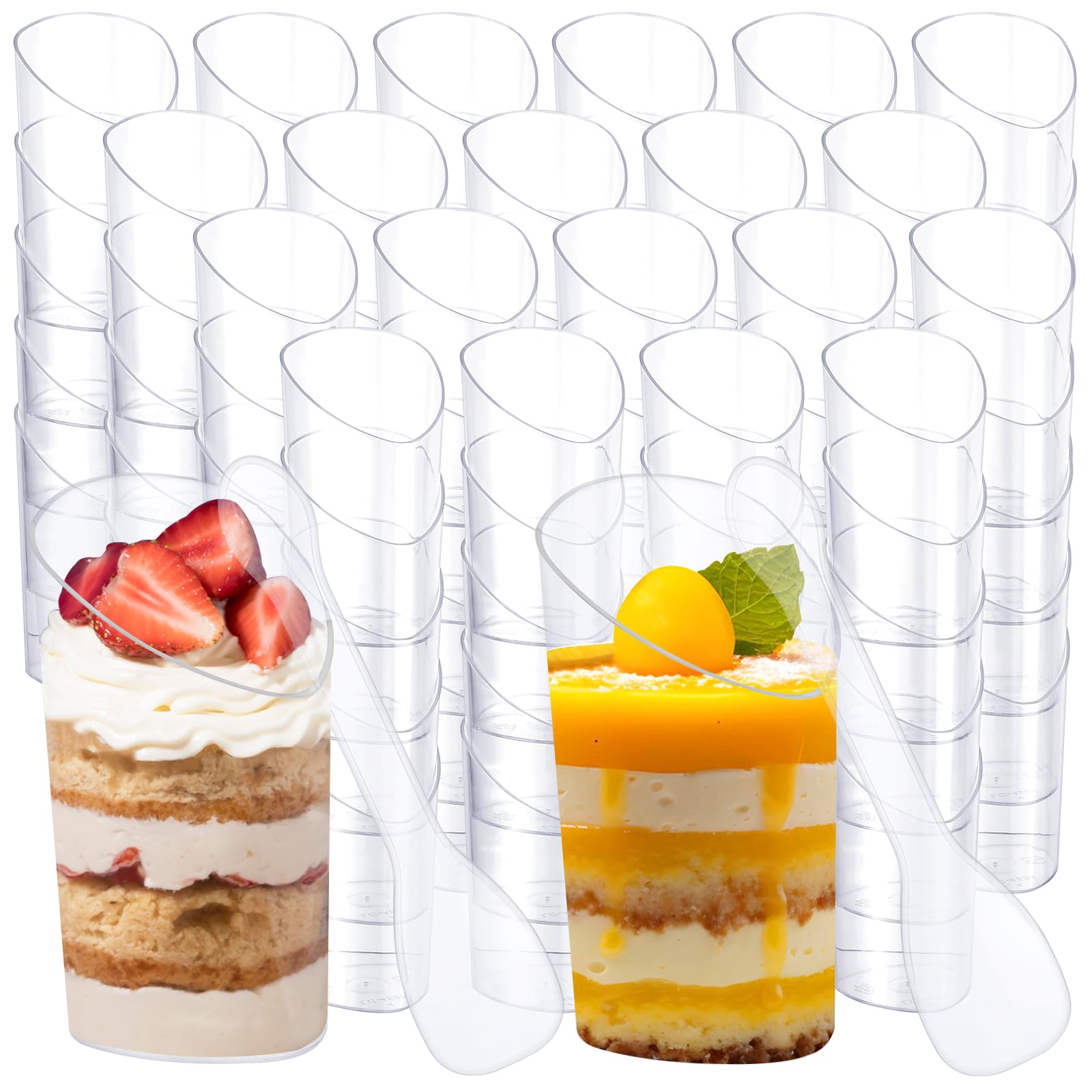 Photo 1 of MAQUITA 100 Pack Mini Dessert Cups with Spoons Small Plastic 3 oz Slanted Round Shooter Disposable Clear Plastic Parfait Appetizer Cup for Tasting Sample Appetizers