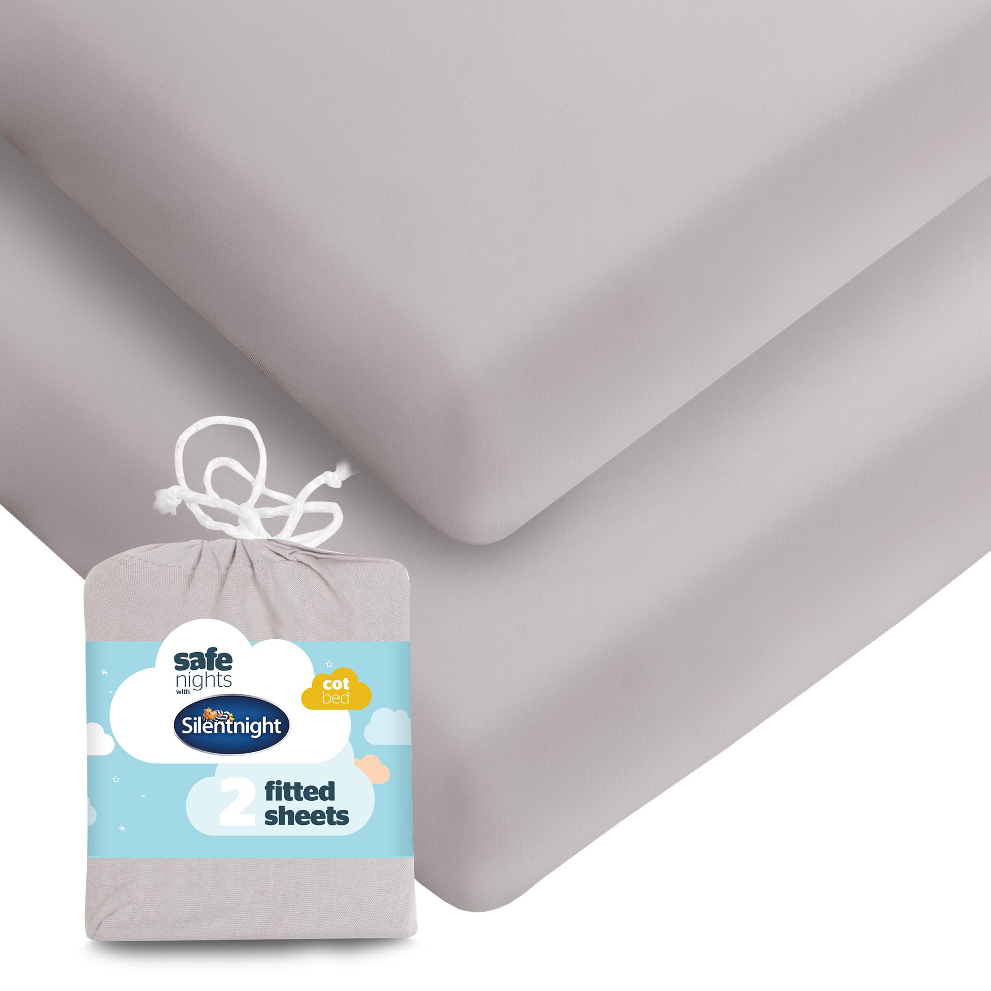 Silentnight Safe Nights Fitted Sheet - Cot Bed Mattress - Breathable 100% Cotton Jersey - Super Soft Kind to Baby Skin - 140x70cm - Secure Fit with Elasticated Corners - 2 Pack, Grey