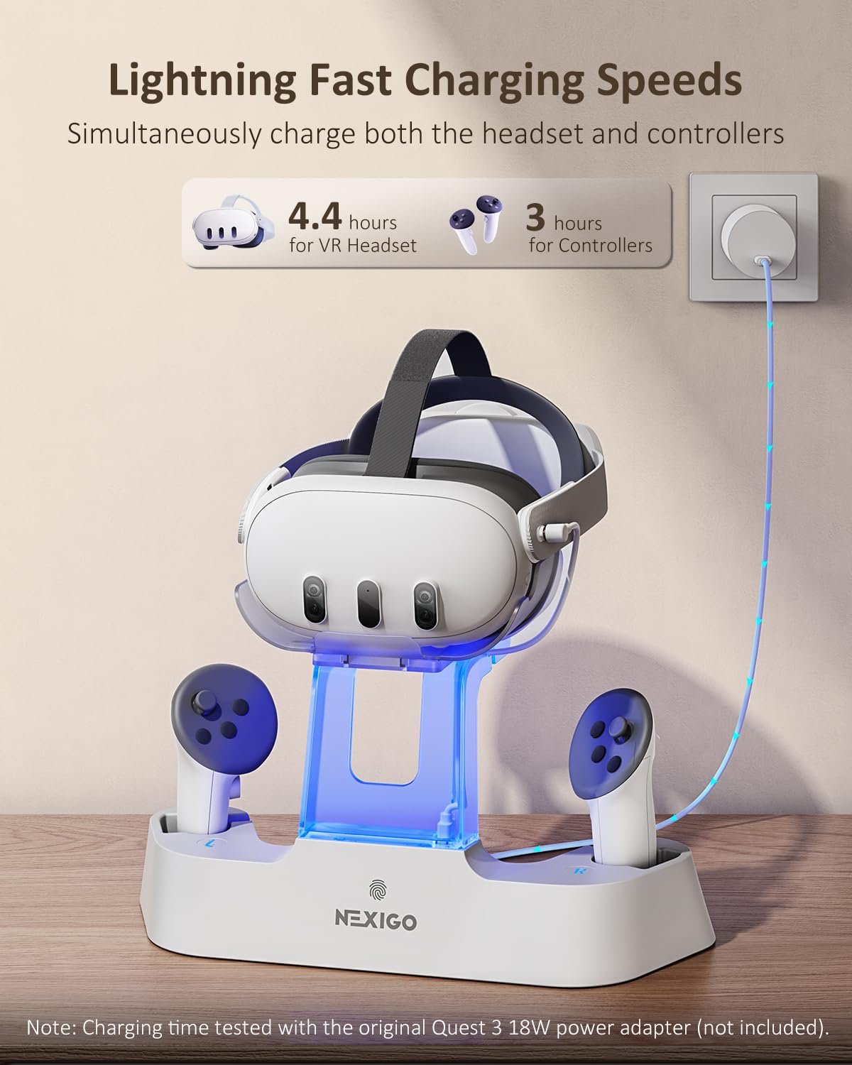 NexiGo Enhanced Charging Dock for Meta Quest 3 and 3S, with LED Light [On/Off], [Support Elite Strap with Battery], Headset Display Holder and Controller Mount, Rechargeable Batteries, White