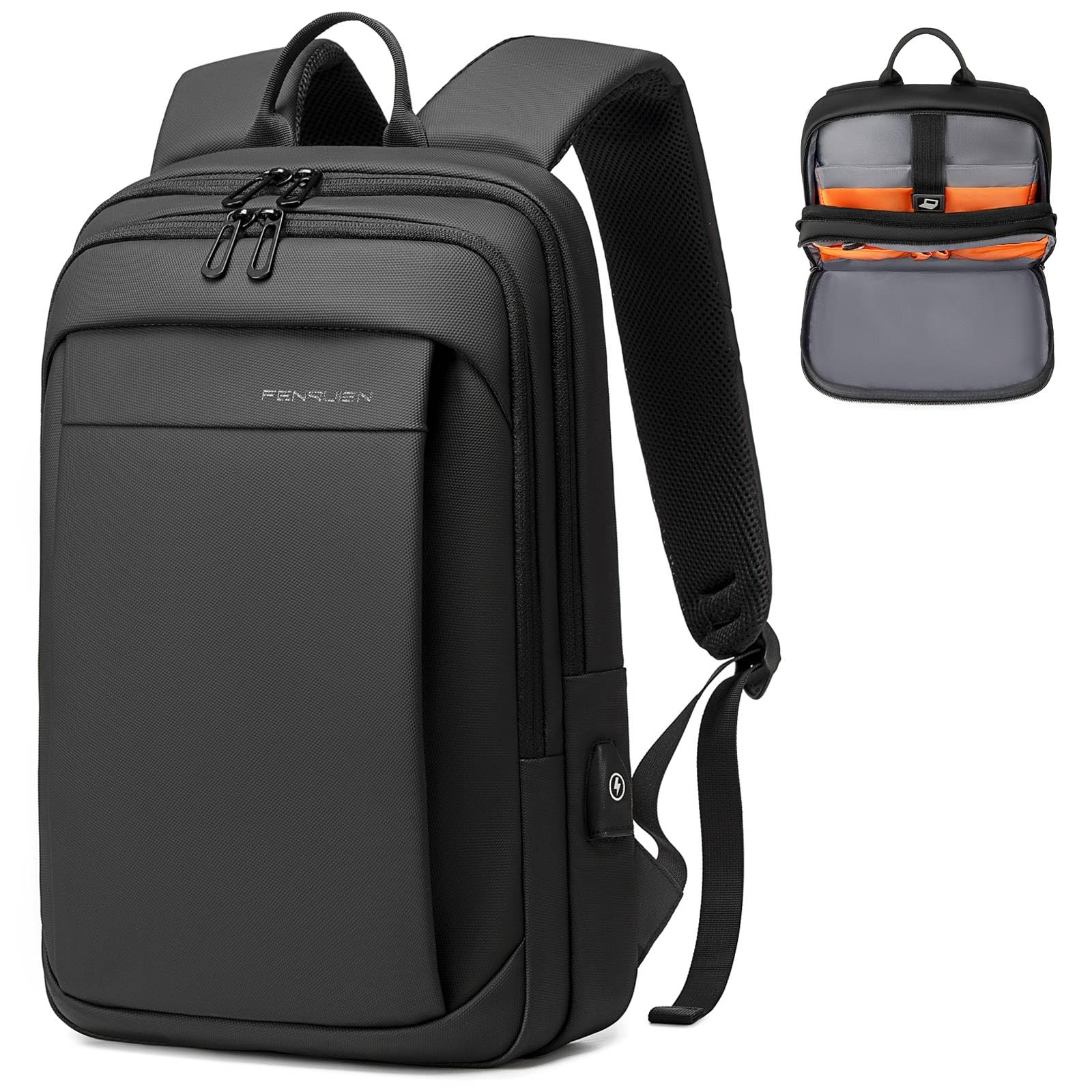 Photo 1 of FENRUIEN Slim Laptop Backpack for Men, Water Resistant Light Weight Backpack with USB Charging Port, Black Laptop Bag 15.6 Inch