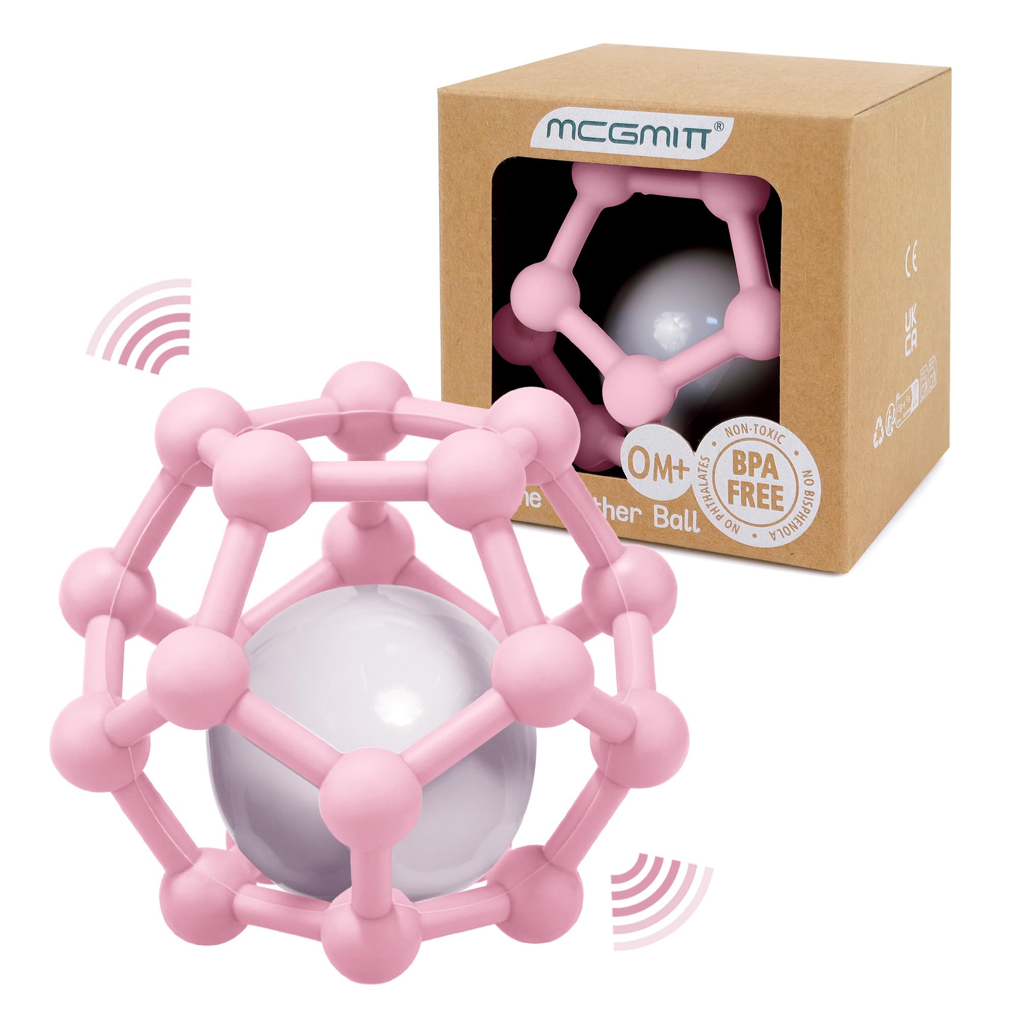 MCGMITT Teething Ring - Teething Toys for Baby Rattle Teething Ball Toys for Babies 0-12 Month, Soft Silicone Sensory Teether Balls to Grab and Chew, Baby Toy Teething Gift for Newborn Infants (Pink)