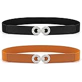 WHIPPY 2 Pack Women Skinny Elastic Belt for Dresses Ladies Thin Stretchy Waist Belt with Round Gold Buckle