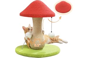 PETEPELA Mushroom Cat Scratching Post, Cat Scratcher Cute with 100% Sisal Covered Scratching Post & Pompoms Toy, Mushroom Cat Post for Indoor Cats