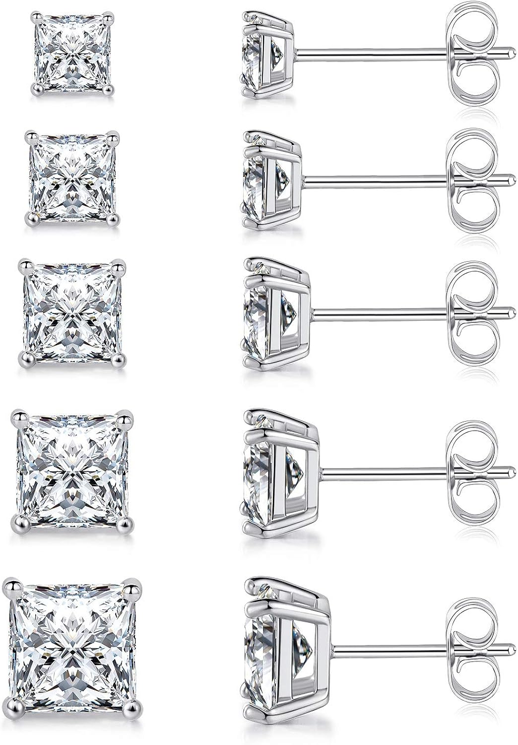 MDFUN 18K White Gold Plated Princess Cut Clear Cubic Zirconia Stud Earring Pack of 5 Pairs: Jewelry