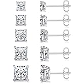 MDFUN 5 Pairs Square Earrings Set for Women Hypoallergenic 18K White Gold/Yellow Gold/Rose Gold Plated Princess Cut Clear Cubic Zirconia Stud Earring 3-7MM Pack of 5