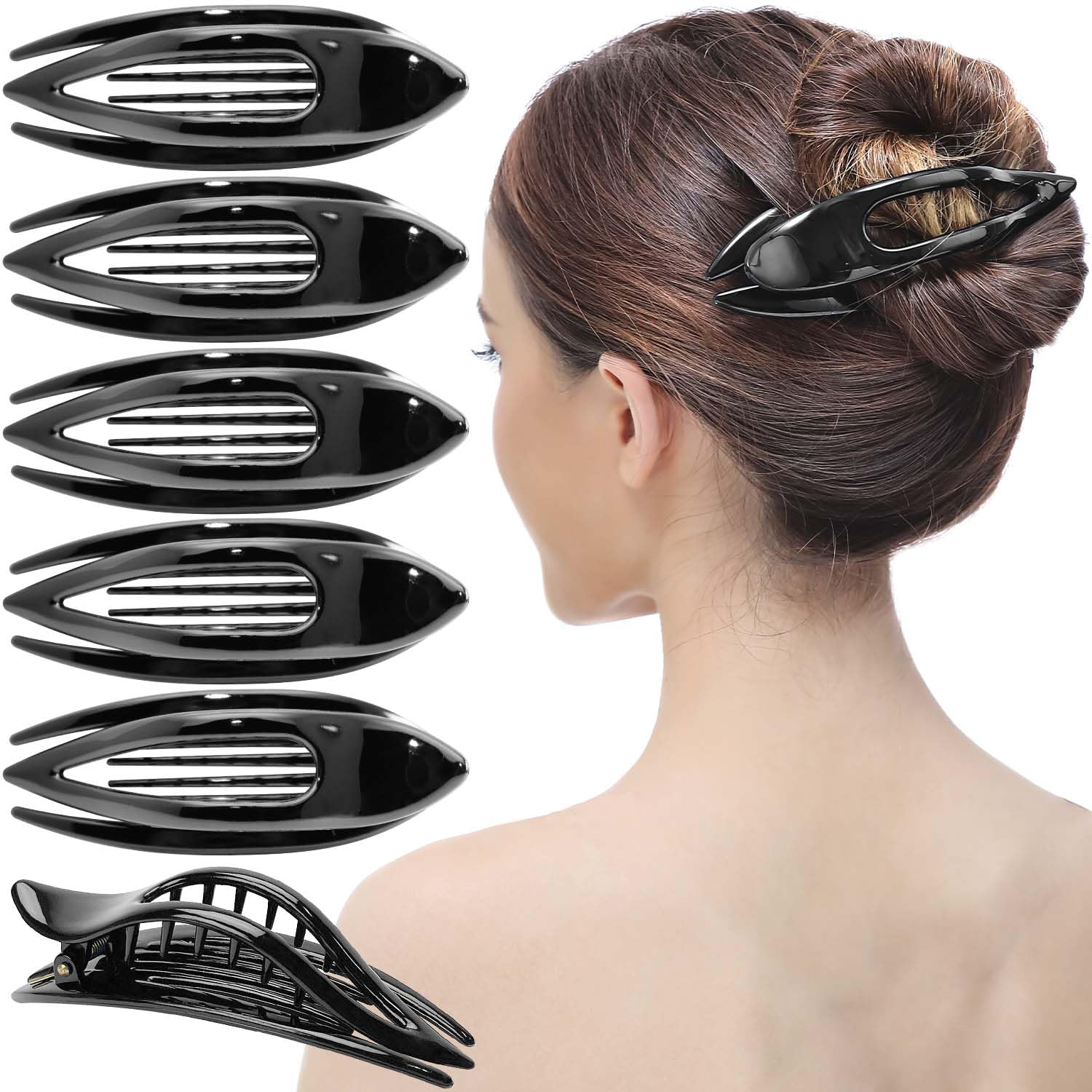 RC ROCHE 6 Pcs Flat Hair Clips Big Claw for Thick Hair French Duckbill Women No Slip Side Slide Curved Alligator Concord Strong Grip Hold Volume Lay Down Clamp, Medium Black
