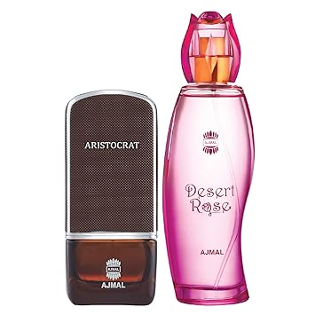 Ajmal Aristocrat EDP Citrus Woody Perfume 75ml for Men and Desert Rose EDP Floral Oriental Perfume 100ml for Women + 2 Parfum Testers FREE