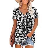 Mystry Zone Womens Henley V Neck Casual Blouse Button Down T Shirts Flare and Flowy Tops