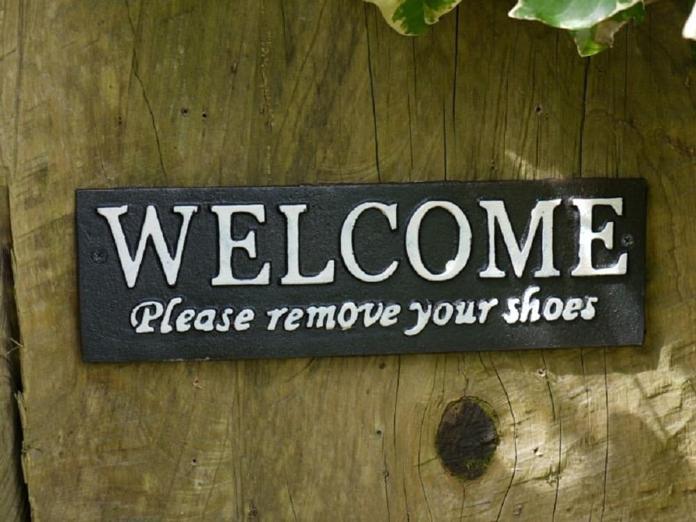 Metal Garden Gate Sign Welcome Please Remove Your Shoes