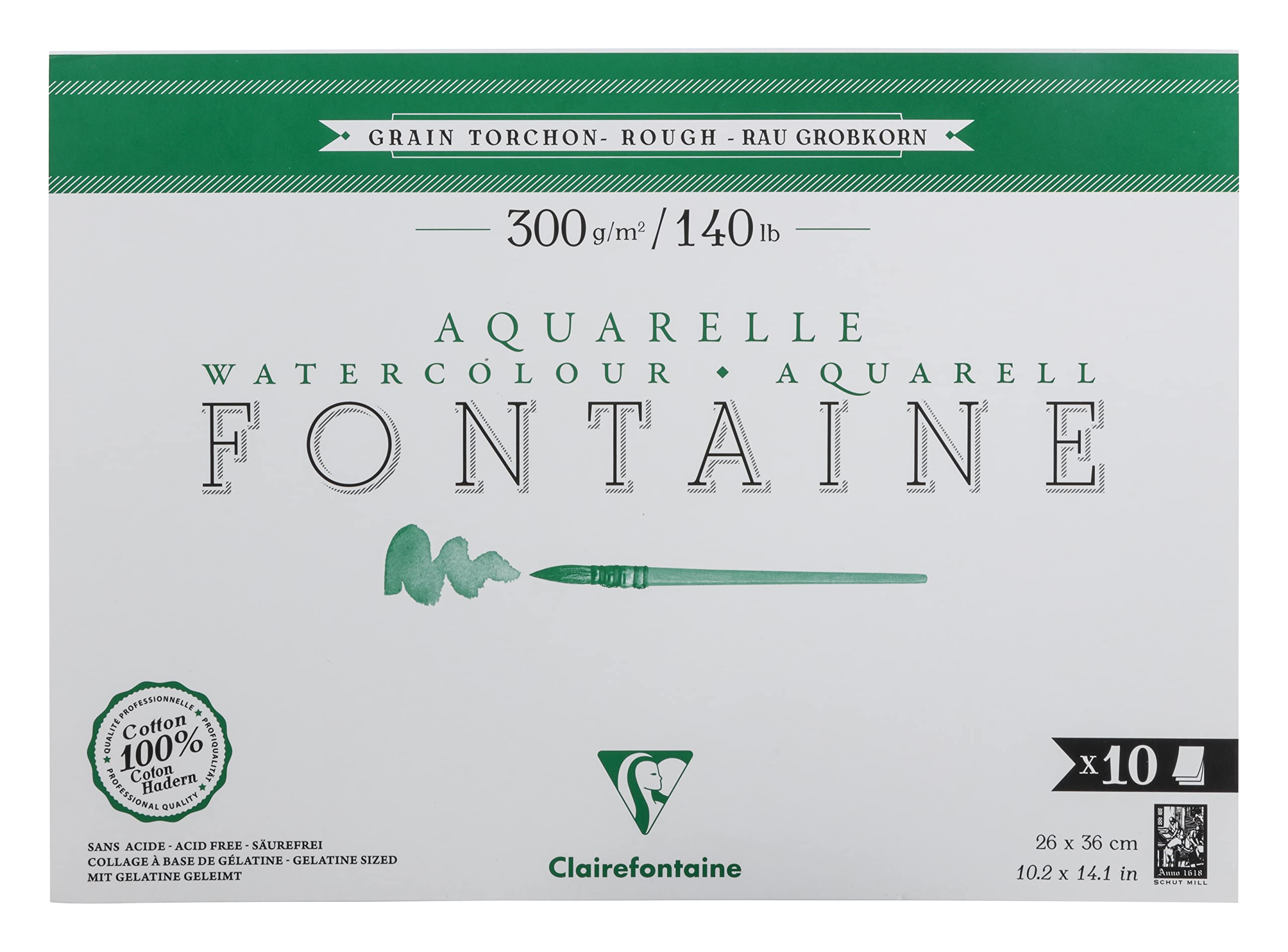 Clairefontaine 975515C Fontaine Single-Sided Glued Pad - 10 Sheets of 100% Cotton White Watercolour Paper, Torchon Grain, Professional Quality, 26x36 cm, 300g