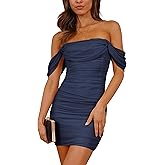 PRETTYGARDEN Cocktail Dresses 2026 Summer Off Shoulder Sexy Bodycon Ruched Mesh Graduation Wedding Guest Mini Short Dress
