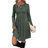 OFEEFAN Long Sleeve Dress for Women Crew Neck Empire Waist Tunic Dress with Pockets