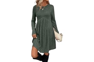 OFEEFAN Long Sleeve Dress for Women Crew Neck Empire Waist Tunic Dress with Pockets