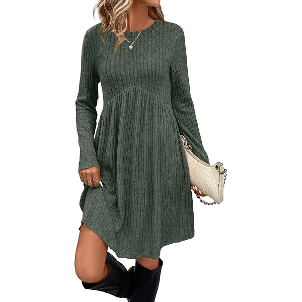 OFEEFAN Women's Long Sleeve Tunic Dress - Crew Neck, Side Buttons, Pockets, Flowy Fit For Fall/Winter, Sizes S-XXL - View #6