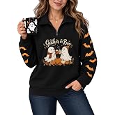 CHICERRY Halloween Sweatshirt for Women Pumpkin Ghost Cat Long Sleeve Shirt | Halloween Spooky Season Outfits, Cute Funny Graphic Quarter Zip Sweatshirt, Long Sleeve Pullover Top for Women, Fall Wear