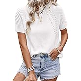 Dokotoo Women's Tops Dressy Casual Summer Crewneck Short Sleeve Sweaters Knit Solid Trendy Hollow Out Shirts Blouses
