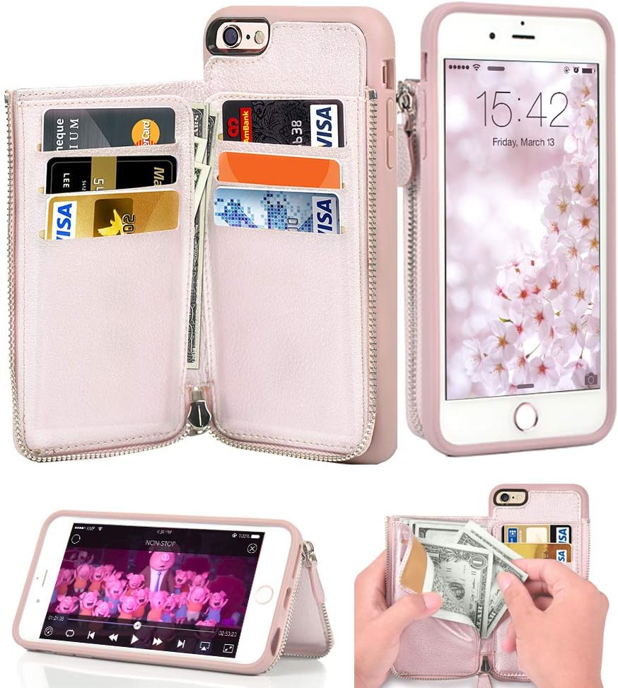 iPhone 6S Plus Wallet Case, iPhone 6 Plus Card Holder Case, LAMEEKU Leather Cases with Protective Credit Card Slot Zipper Pocket Wallet Back Flip for Apple iPhone 6S Plus / 6 Plus 5.5" - Rose Gold