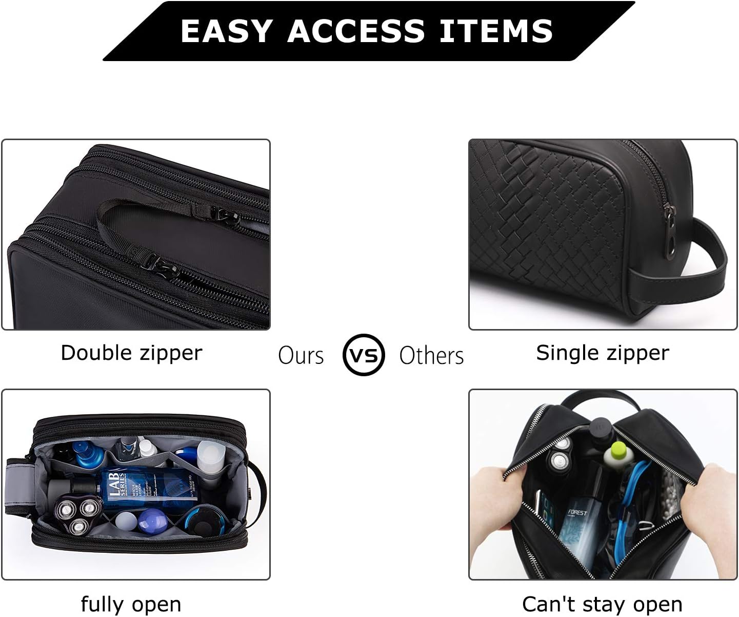 Toiletry Bag for Men, BAGSMART Travel Toiletry Organizer Dopp Kit Water-resistant Shaving Bag for Toiletries Accessories, Black