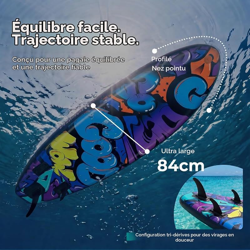 Paddle Gonflable Adulte, SUP Stable 204kg avec Kit, Graffiti