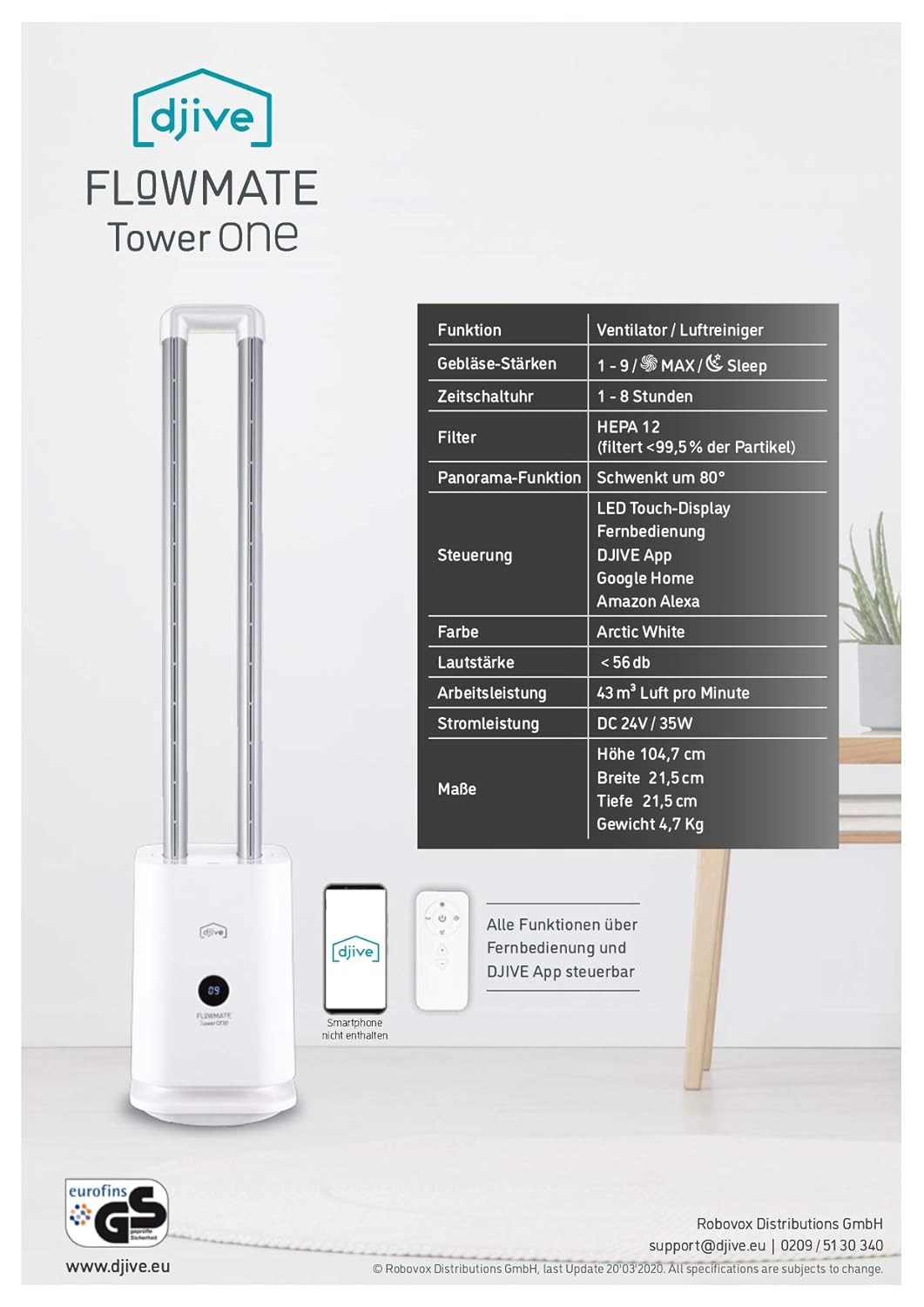Amazon.de: djive Flowmate Tower one Turmventilator, Leiser Ventilator