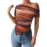 PRETTYGARDEN Womens Summer Off The Shoulder Tops 2026 Spring Short Sleeve Mesh Tie Dye Shirt Ruched Asymmetrical Y2k Clothes