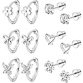 MILACOLATO 6 Pairs Hypoallergenic Earrings for Women 316L Surgical Stainless Steel Cute Heart Flower CZ Bow Earrings for Sensitive Ears Small Huggie Hoop Screw Back Stud Earrings Set
