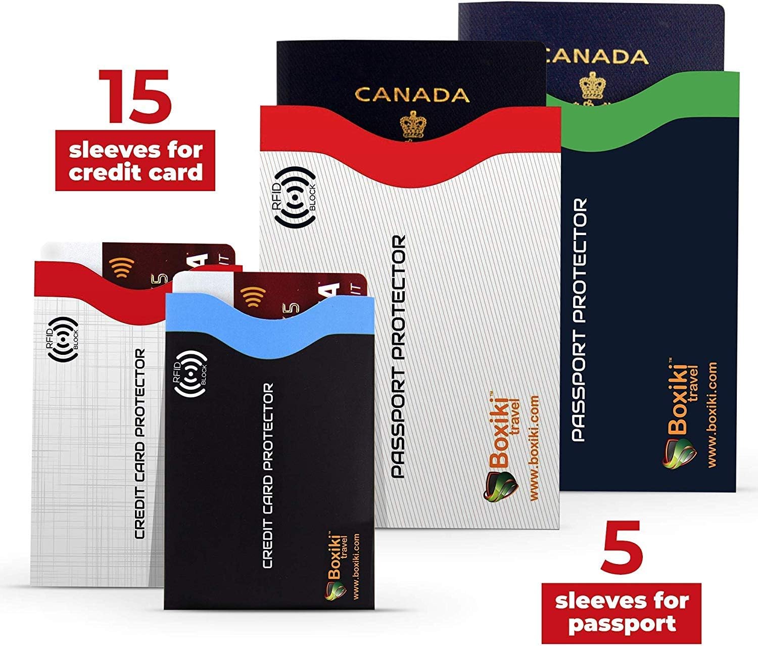  | RFID Blocking Sleeves, Set With Color Coding | Identity Theft Prevention RFID Blocking Envelopes by Boxiki Travel (Set of 15 Credit Card Sleeves + 5 Passport Sleeves) (White & Navy Blue) | Passport Covers