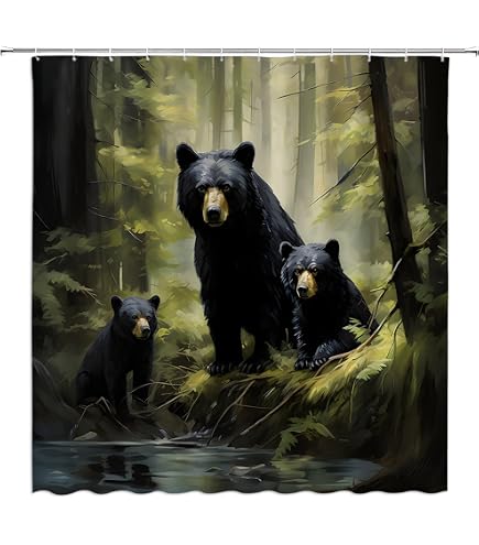 Bear Forest Shower Curtain – Rustic Cabin Winter Scene With Brown Bears, 180x180cm, Includes Hooks