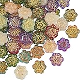 PONABEADIY 1 Box 60PCS Czech Flower Glass Beads with Holes Vintage Floral Bohemian Colorful Cherry Blossom Metal Enlaced Gold Spacer Loose Bead for Jewelry Making Necklace Bracelet Diy Craft Supply