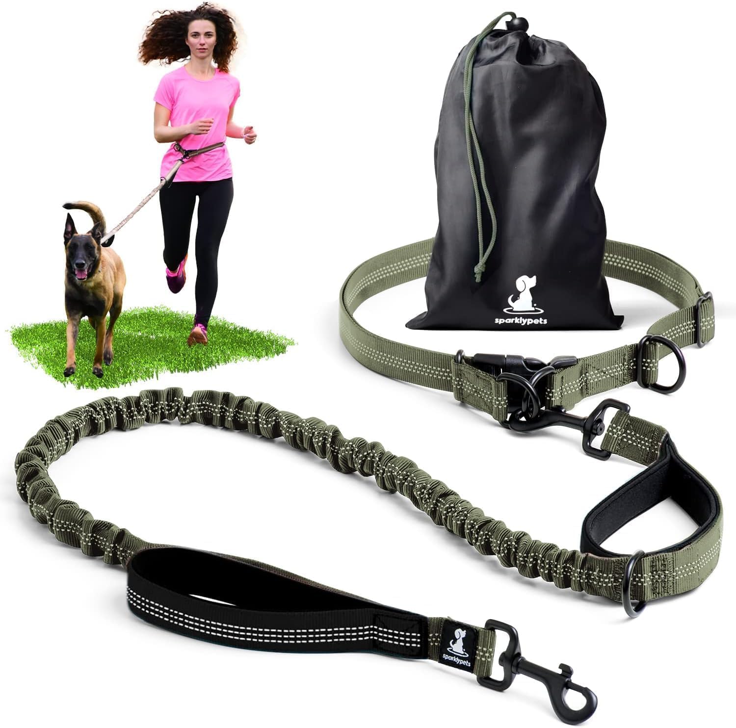 SparklyPets Hands-Free Dog Lead for Medium and Large Dogs – Professional Harness with Reflective Stitches for Training, Walking, Jogging and Running Your Pet (Green Range, For 1 Dog)