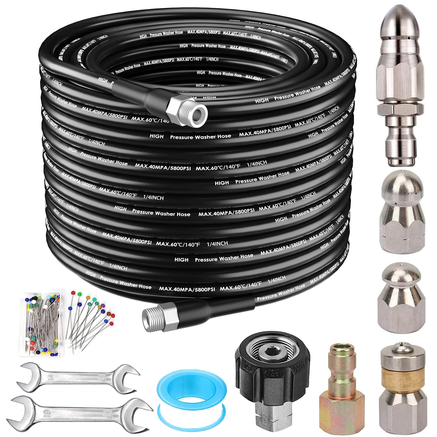 Photo 1 of 100FT Sewer Jetter Kit for Pressure Washer, 5800PSI Drain Cleaner Hose 1/4 Inch NPT Corner, Rotating Button Nose Sewer Jetting Drain Jetter Hose Nozzle Pearl Corsage Pin Spanners, Black