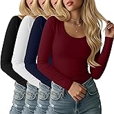 Ficerd 4 Pack Women's Scoop Neck Tops Long Sleeve Slim Fit T-Shirts Stretchy Tight Casual Plain Layering Shirts Tees