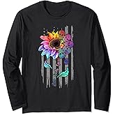 Zero Lucks Given Sugar Skull Sunflower & American Flag Long Sleeve T-Shirt